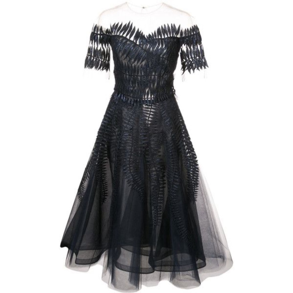 Oscar de la Renta navy Off-Shoulder illusion A-Line Midi cocktail formal Dress